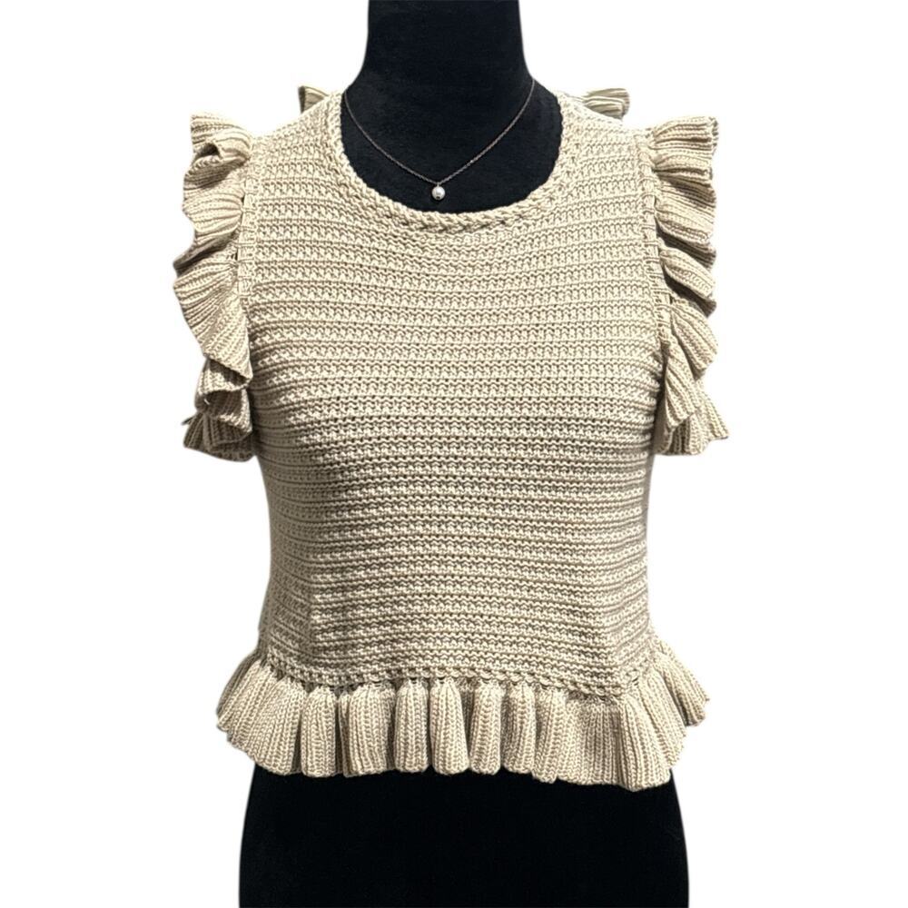 Tan Knit Short Sleeve Sweater with Ruffle‎ Accents –M